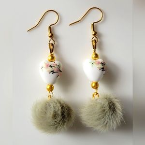 Handmade dangling earring with pompom design, boho type, cute and unique